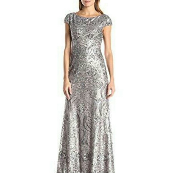 Vera Wang Sequined Boat Neck Gown Cap Sleeves Elegant Sparkle Prom Pewter 6 - Picture 1 of 12